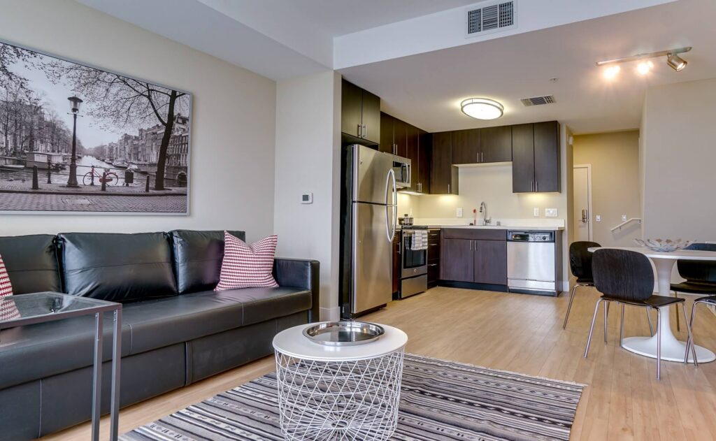 Modern apartment living room with black sofa, striped pillows, and a round coffee table. Kitchen in background features stainless steel appliances and dark cabinets. Dining area has a small round table with black chairs.
