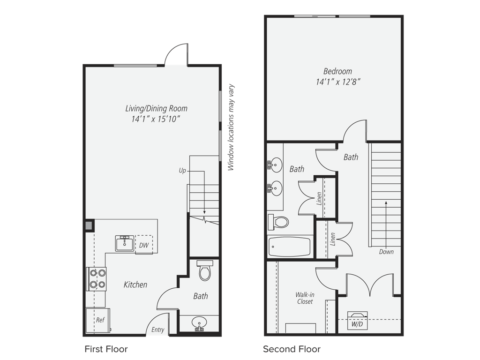 Black and white floor plan of a two-story home showing kitchen, living/dining room, and bath on the first floor; one bedroom, two baths, walk-in closet, and laundry on the second floor.