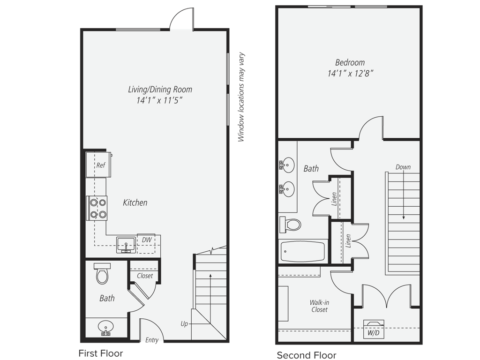 Black and white two-story floor plan showing kitchen, living/dining room, and bath on the first floor; bedroom, two baths, walk-in closet, and laundry on the second floor. Stairs connect both levels.