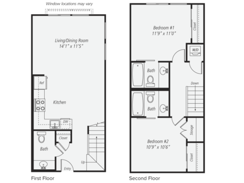 Black and white floor plan of a two-story home showing kitchen, living/dining room, and bath on the first floor, and two bedrooms, two baths, closets, laundry, and storage on the second floor.